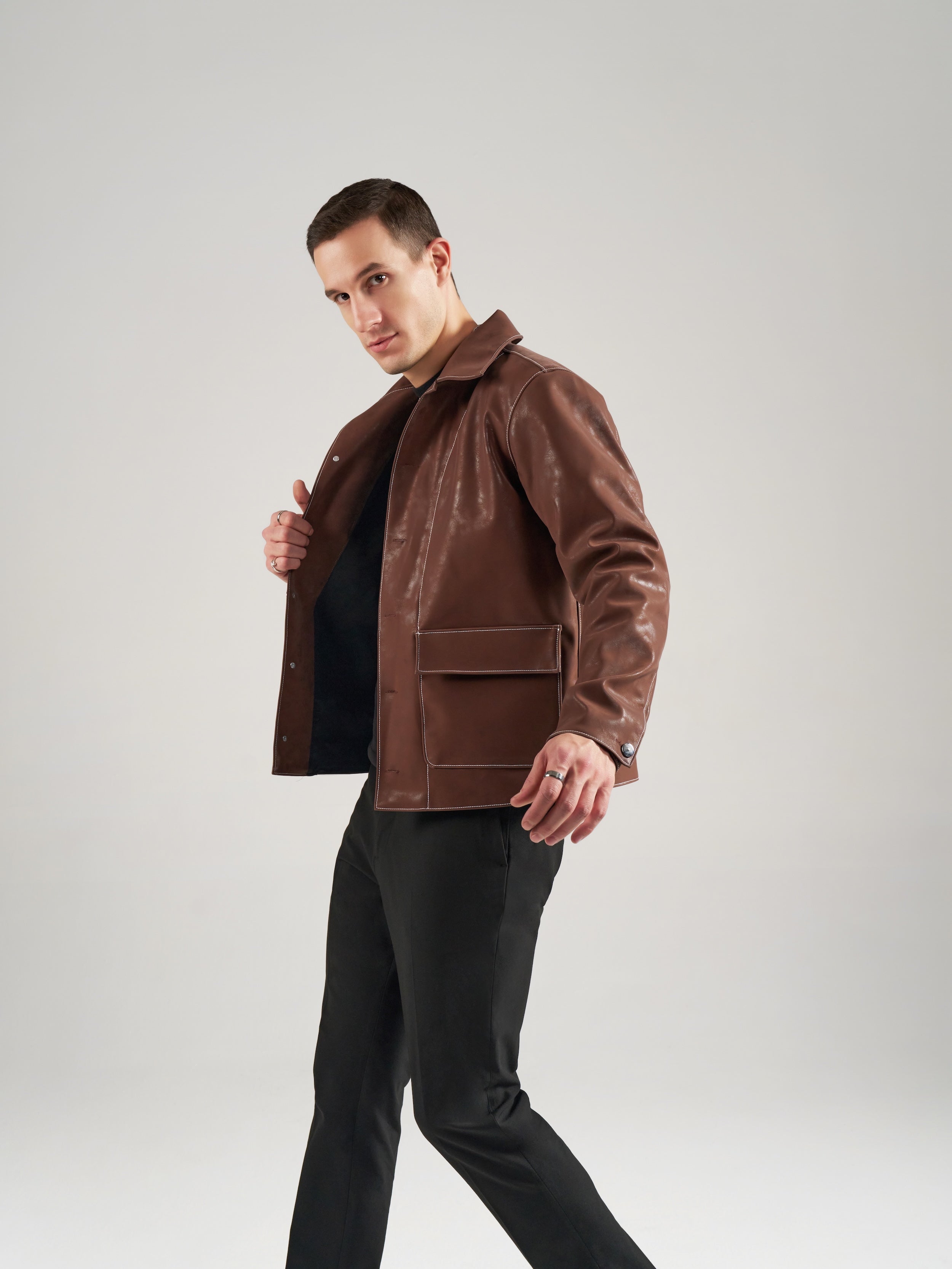 Leatherite Contrast Stitch Shirt Jacket – Accato